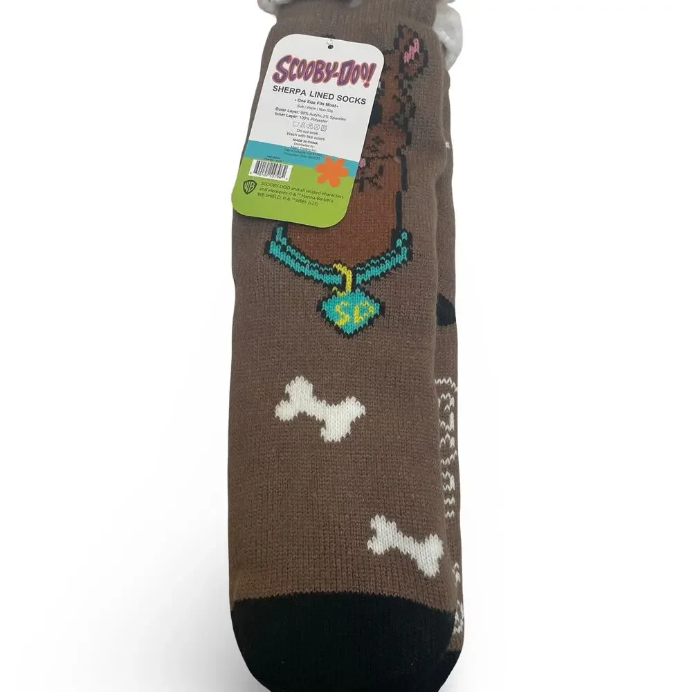 Scooby-Doo Sherpa Lined Slipper Socks Brown Teal Collar Dog Bones NWT One Size